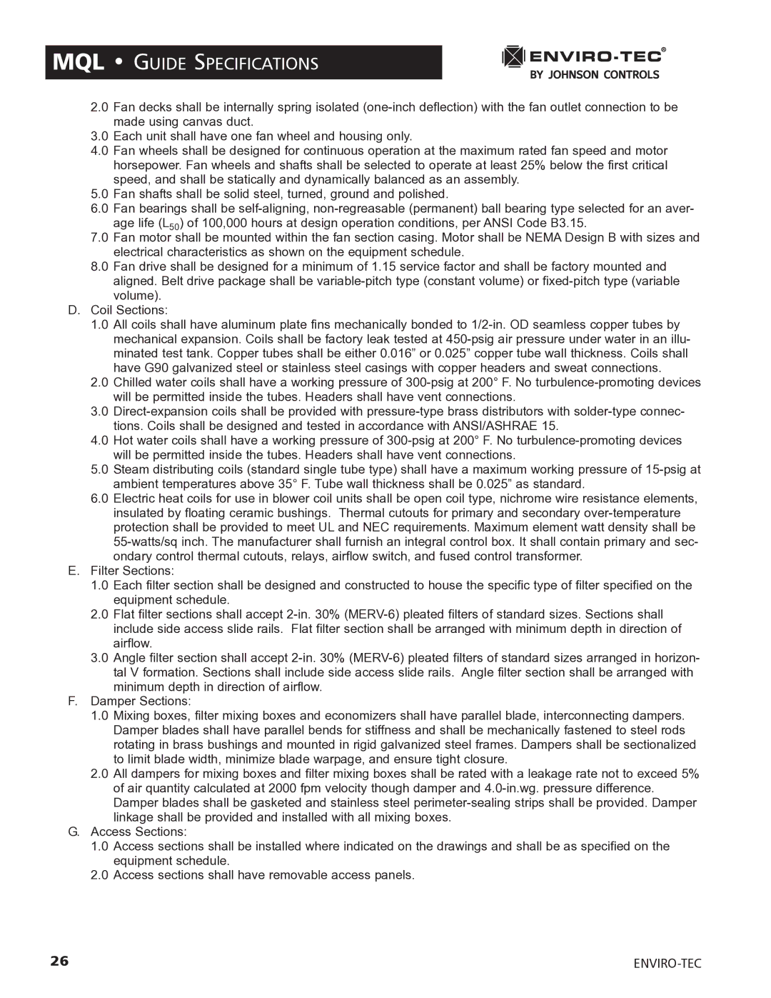 Enviro 170S5FG manual MQL Guide Specifications 