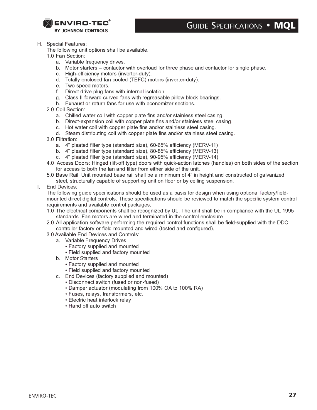 Enviro 170S5FG manual Guide Specifications MQL 