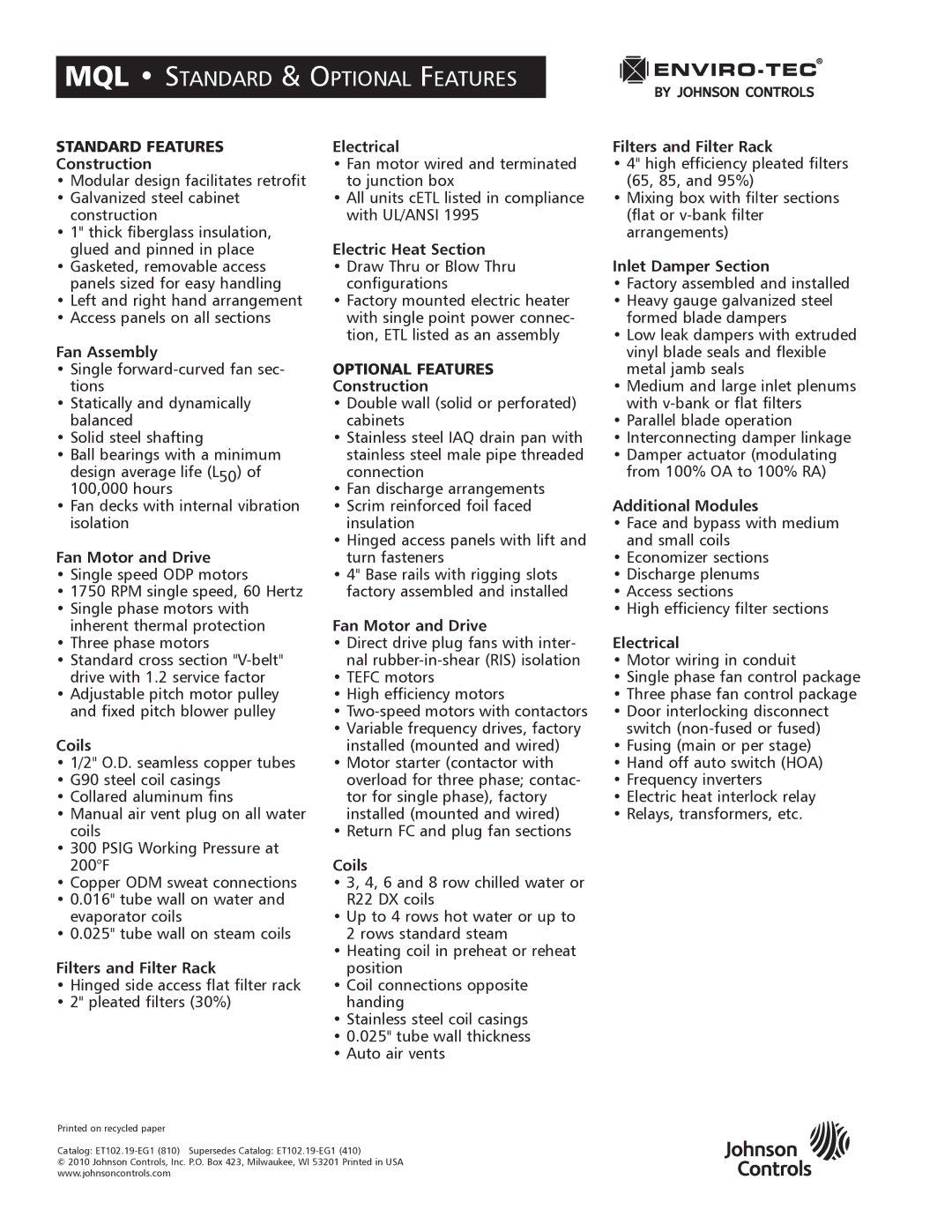 Enviro 170S5FG manual MQL Standard & Optional Features 