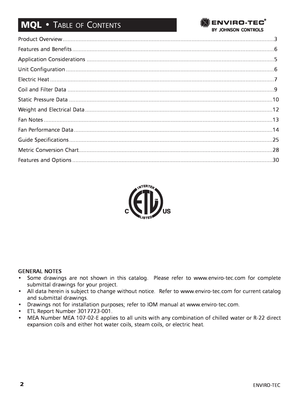 Enviro 170S5FG manual Mql Table Of Contents, General Notes 