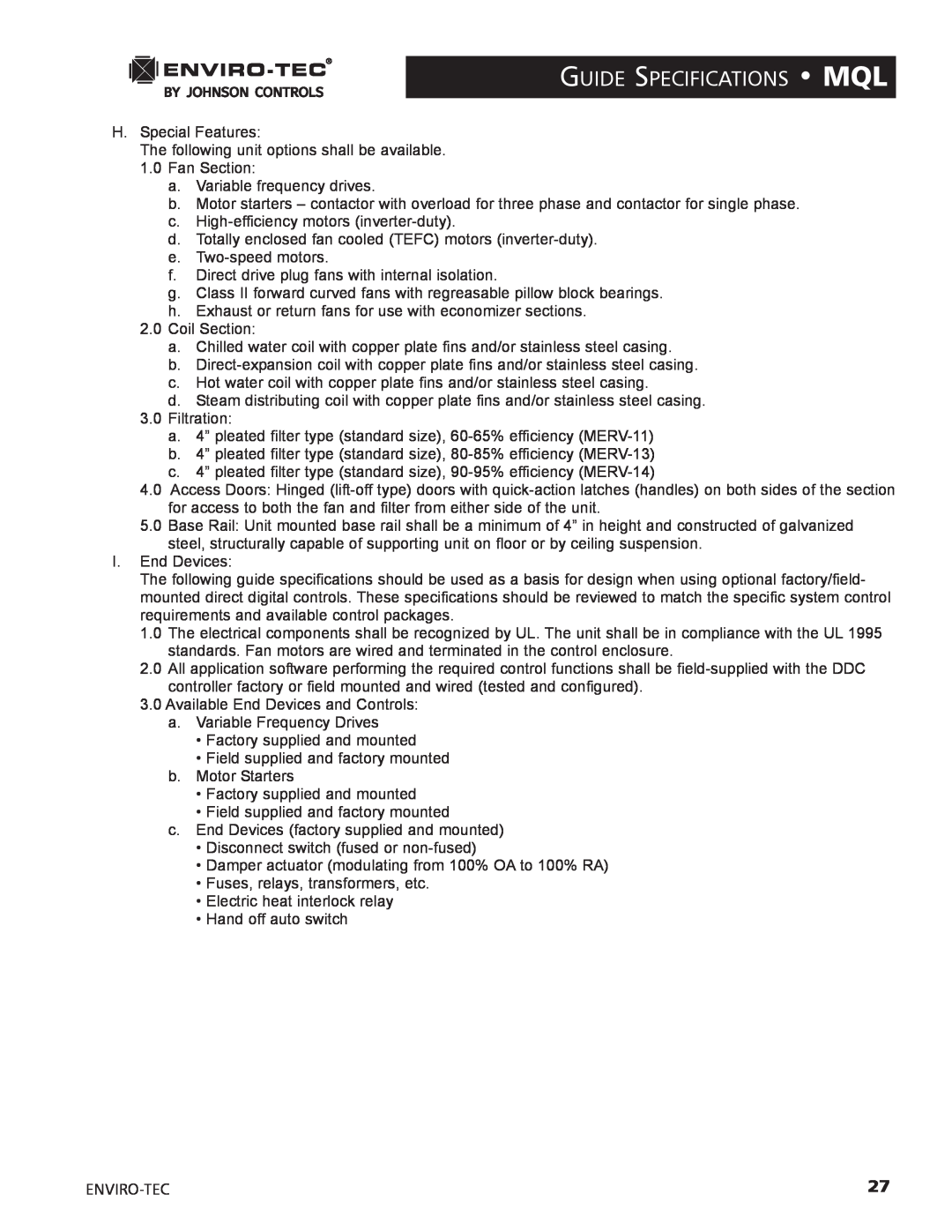 Enviro 170S5FG manual Guide Specifications Mql 