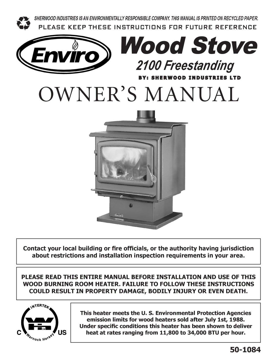 Enviro 2100 Freestanding owner manual Wood Stove 