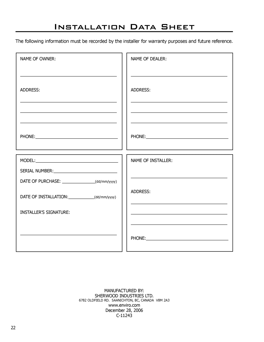 Enviro 2100 Freestanding owner manual Installation Data Sheet 