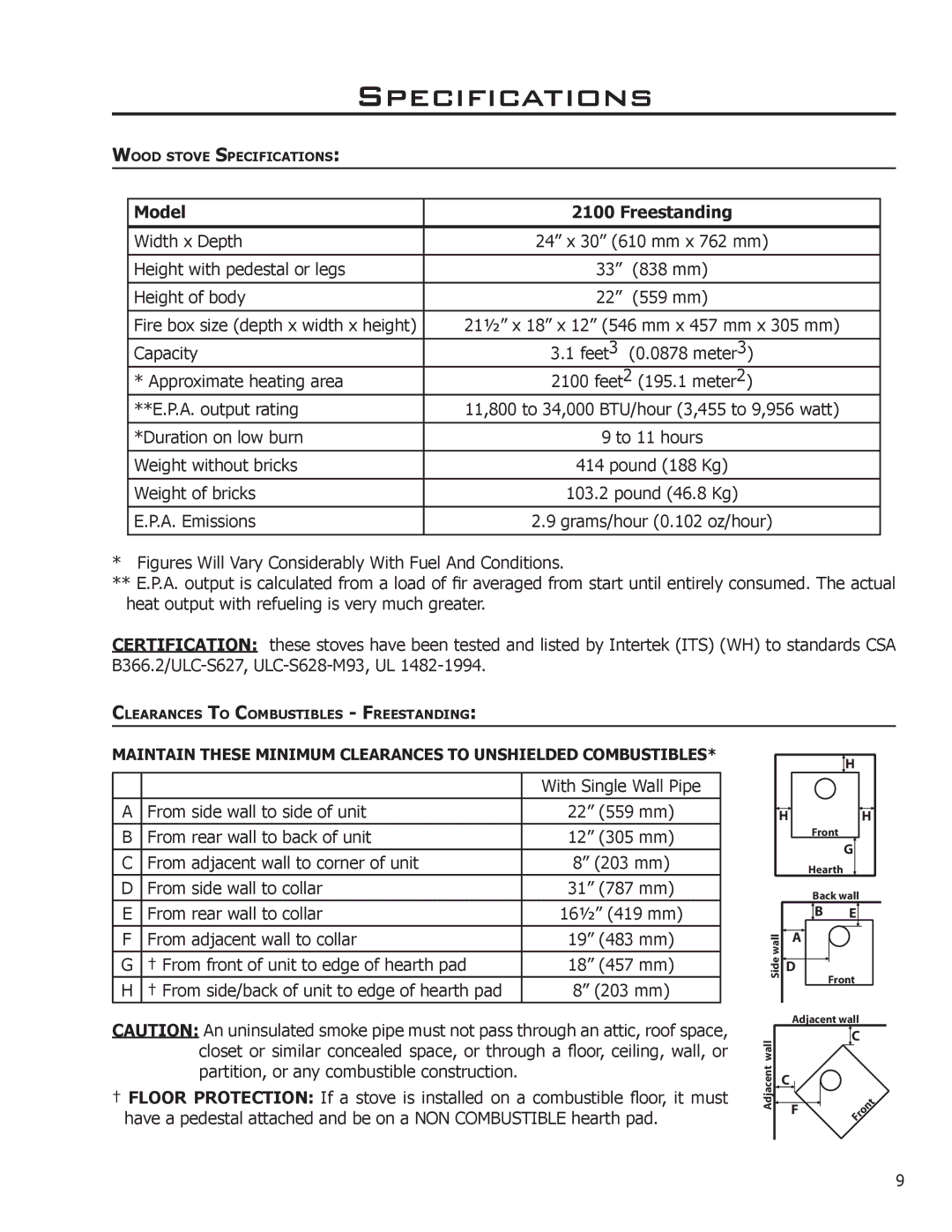 Enviro 2100 Freestanding owner manual Specifications, Model Freestanding 