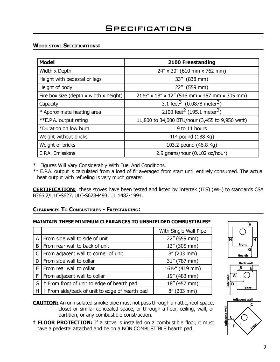 Enviro 2100 owner manual Specifications, Model Freestanding 