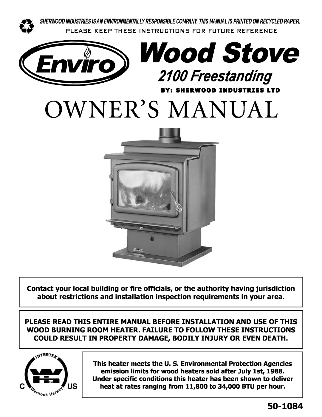 Enviro 2100 owner manual Wood Stove, Owner’S Manual, Freestanding, 50-1084 