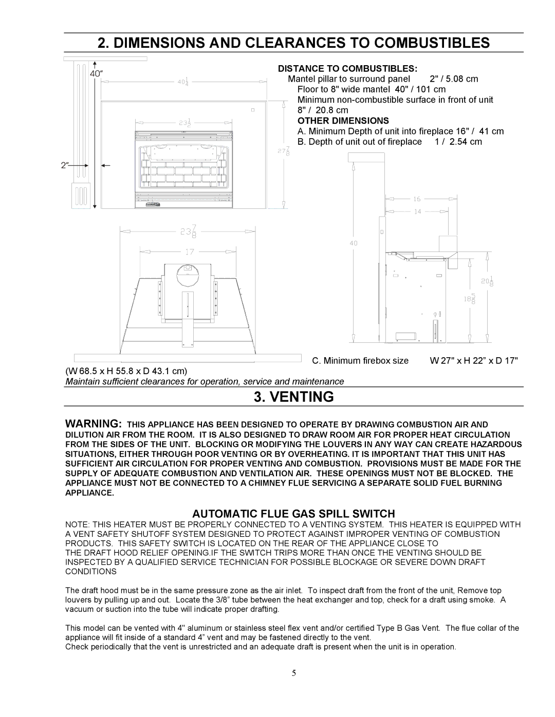 Enviro 25BV Dimensions and Clearances to Combustibles, Venting, Automatic Flue GAS Spill Switch, Distance to Combustibles 