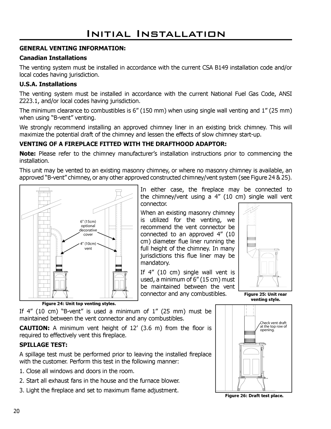 Enviro 50-029 owner manual General Venting Information, Canadian Installations, A. Installations, Spillage Test 