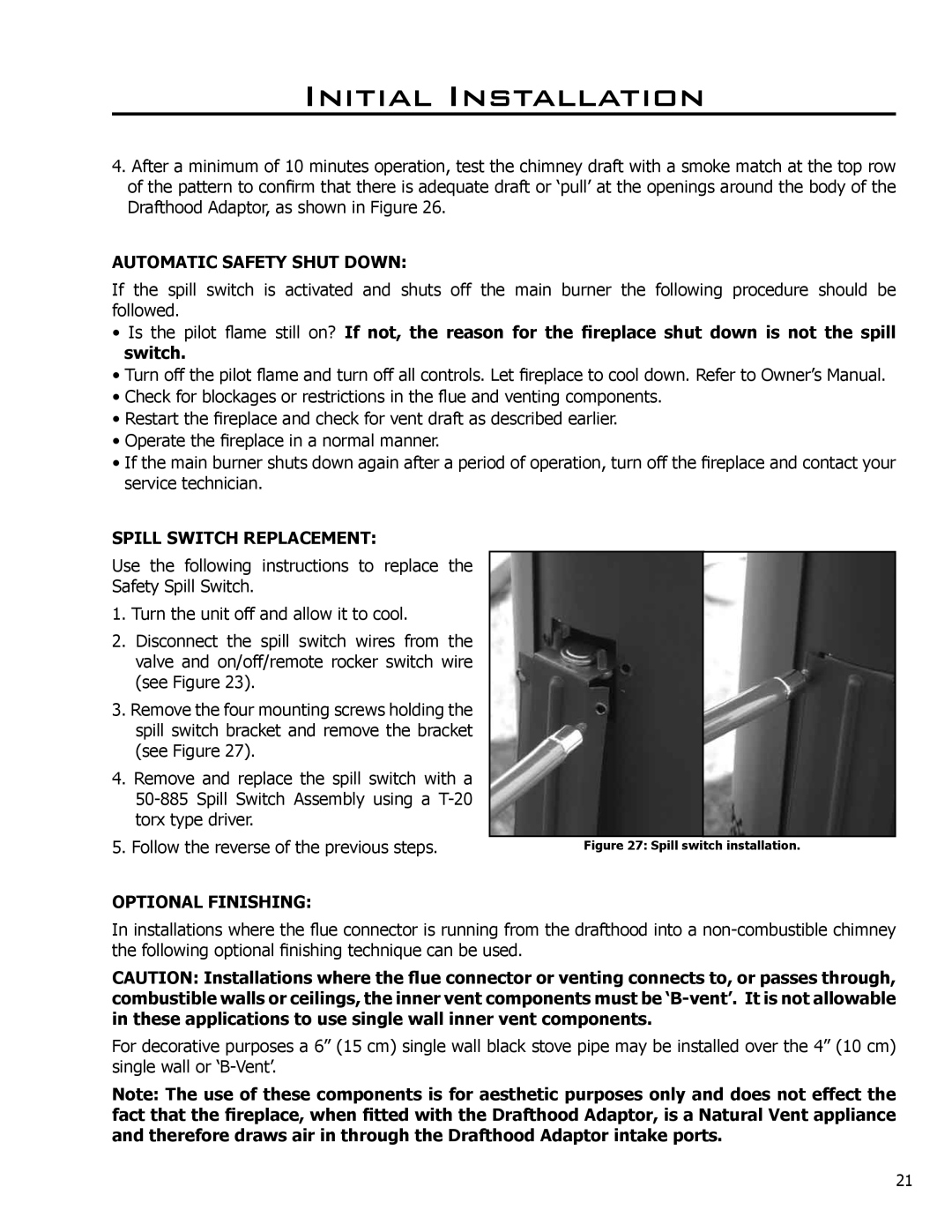 Enviro 50-029 owner manual Automatic Safety Shut Down, Spill Switch Replacement, Optional Finishing 