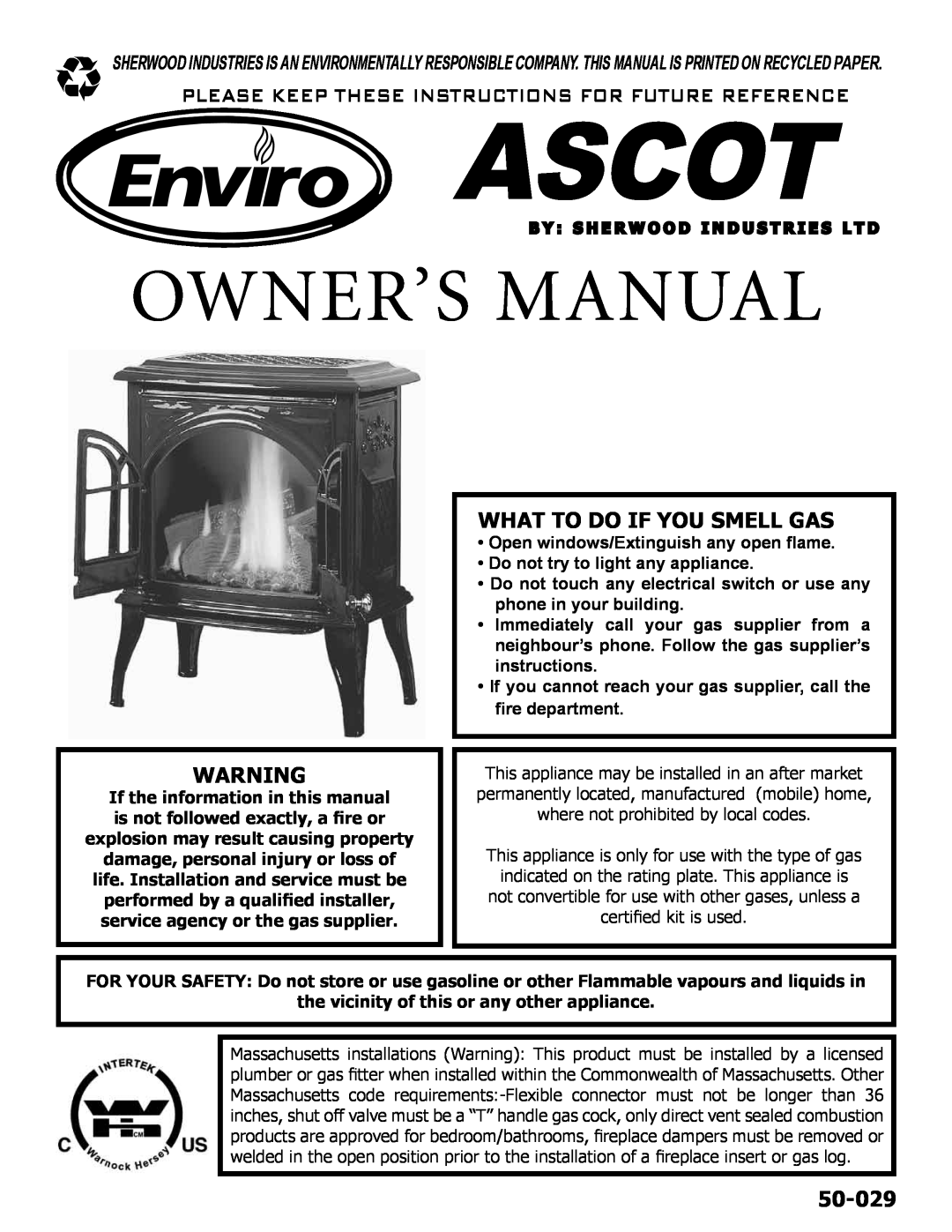 Enviro 50-029 owner manual the vicinity of this or any other appliance, What To Do If You Smell Gas 
