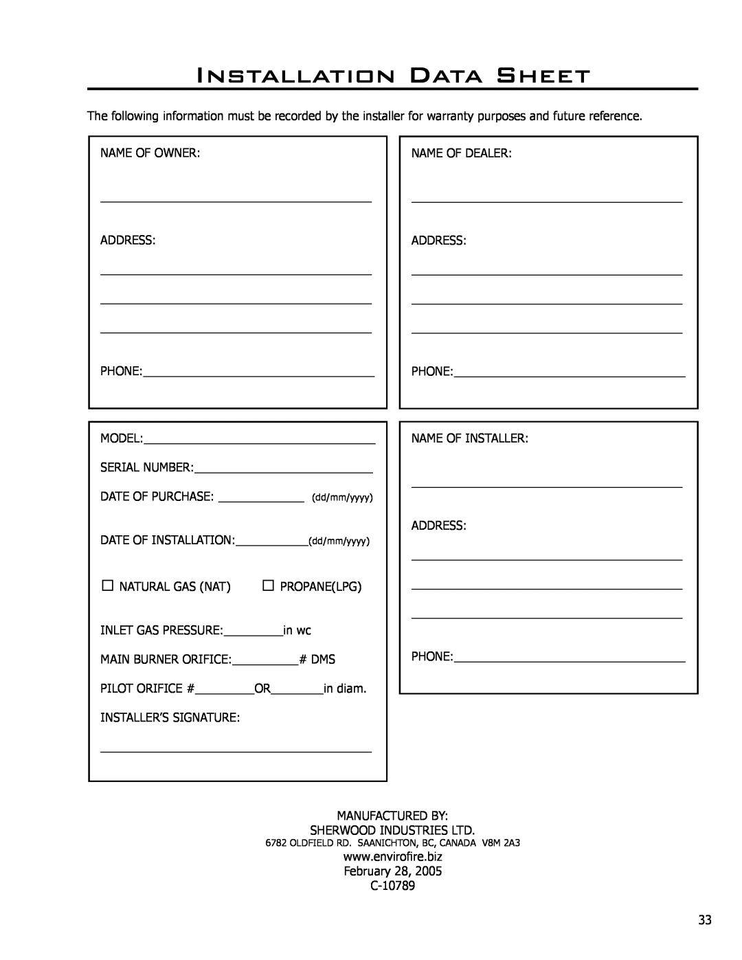Enviro 50-029 owner manual Installation Data Sheet 