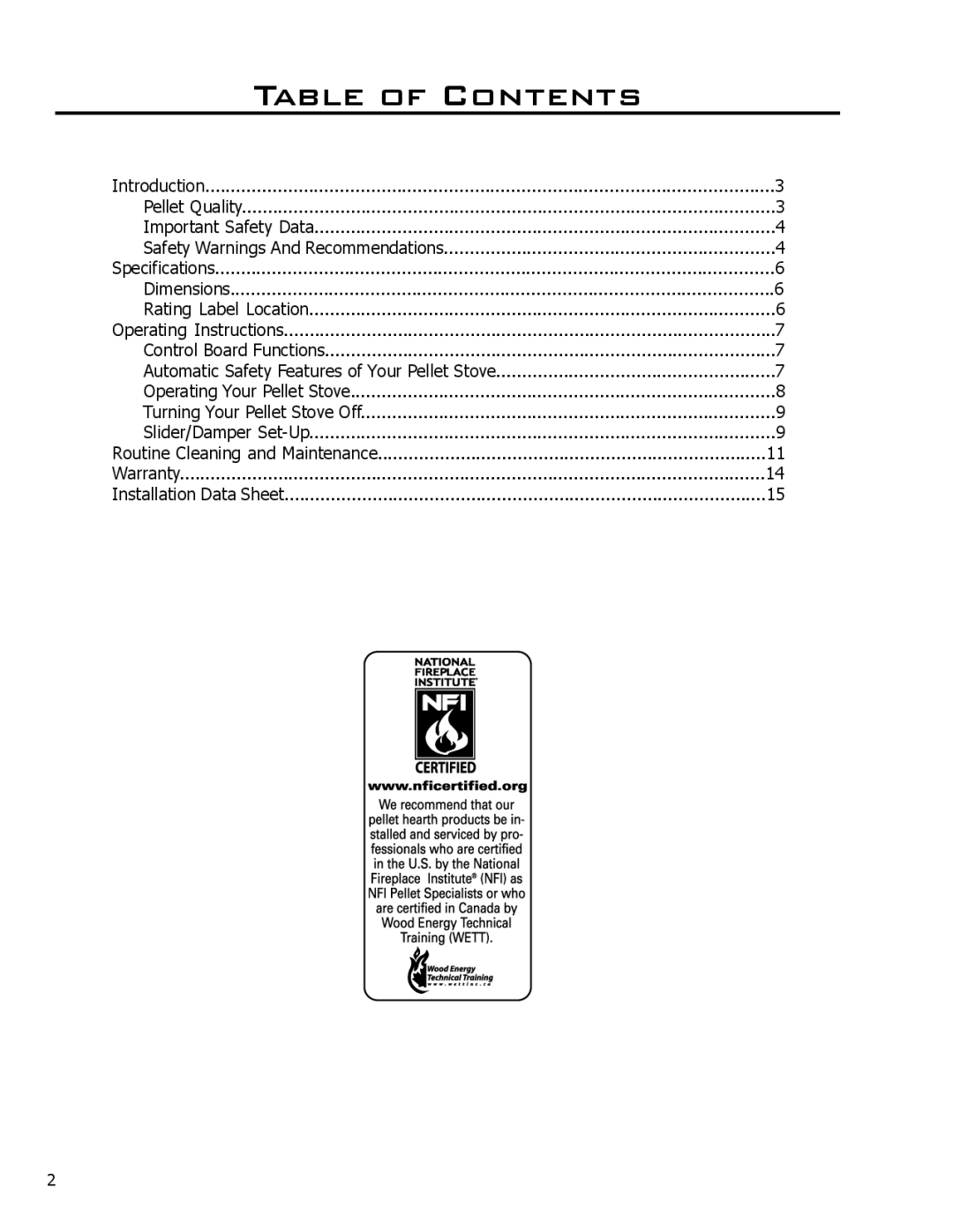 Enviro 50-1021 owner manual Table of Contents 