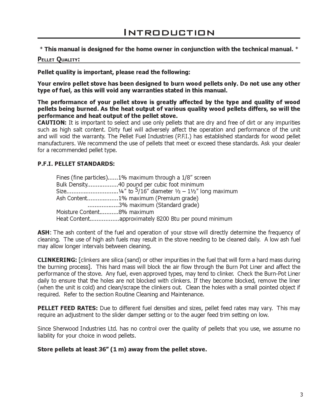 Enviro 50-1021 owner manual Introduction, I. Pellet Standards, Store pellets at least 36 1 m away from the pellet stove 