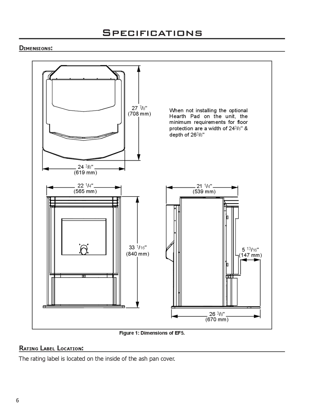 Enviro 50-1021 owner manual Specifications, Dimensions of EF5 