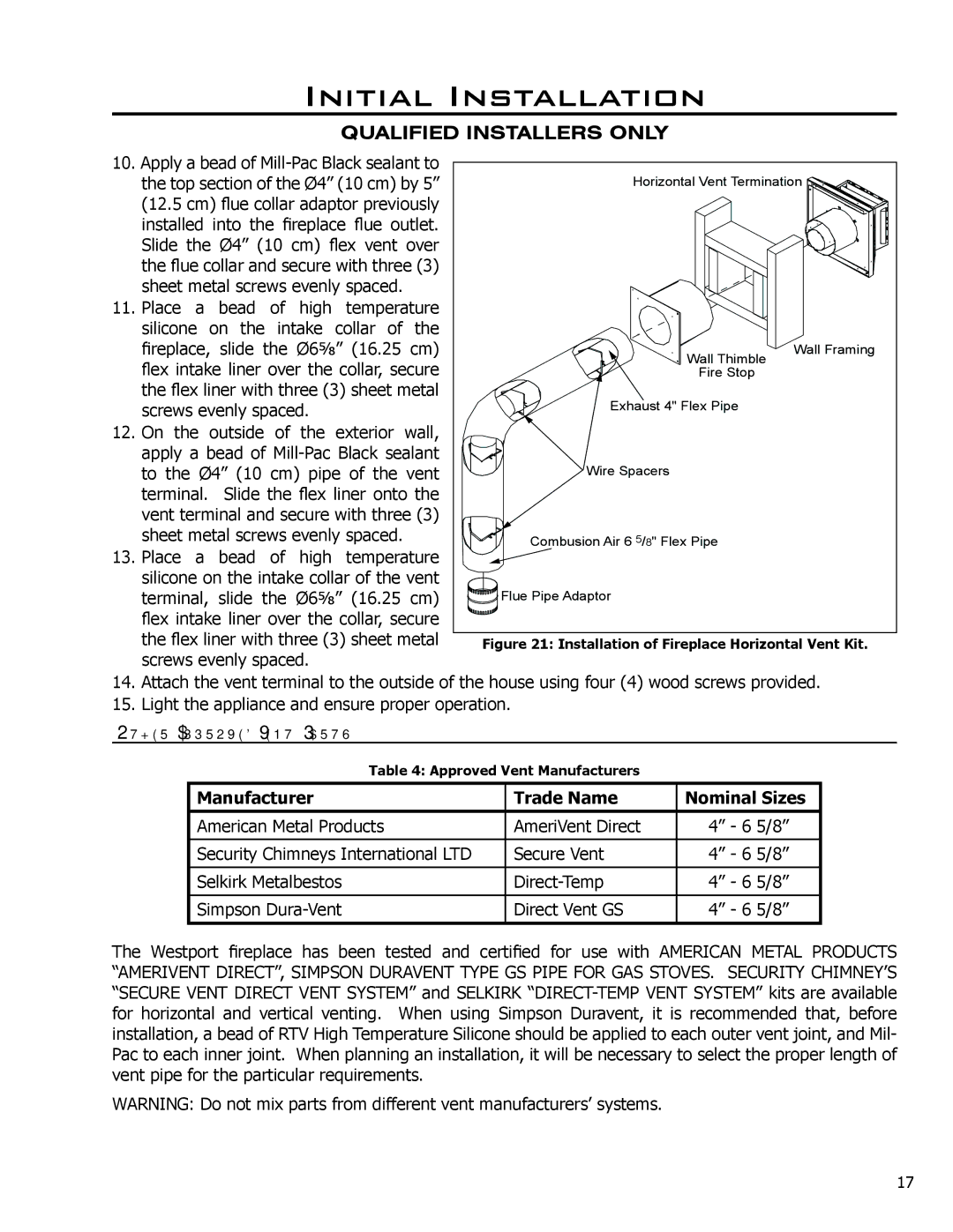 Enviro 50-1033 owner manual Manufacturer Trade Name Nominal Sizes, Installation of Fireplace Horizontal Vent Kit 