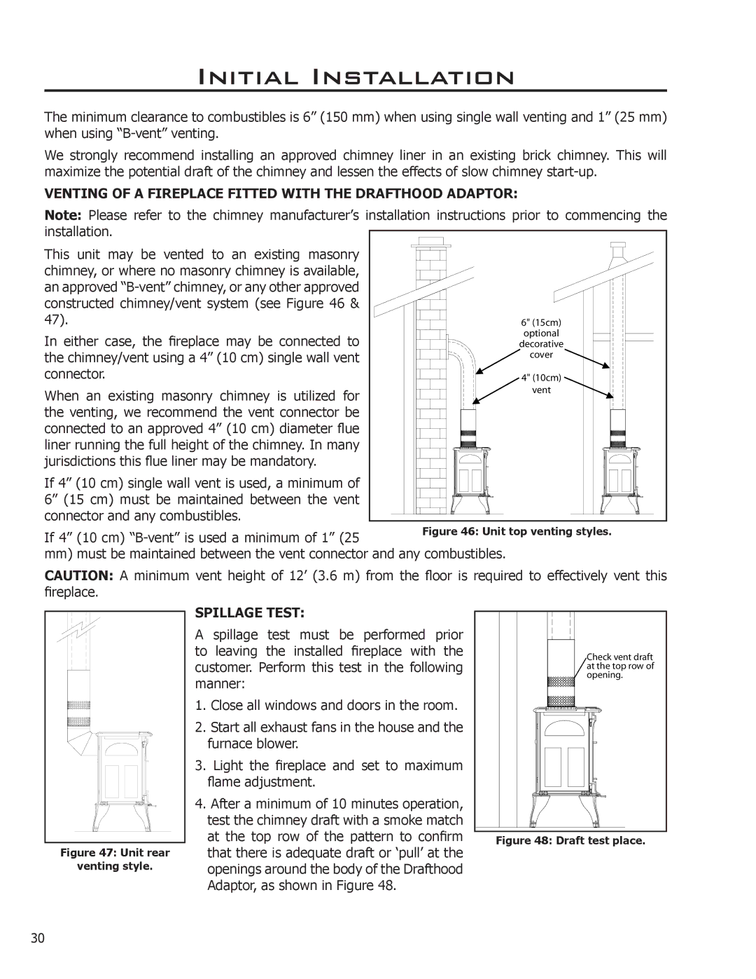 Enviro 50-1033 owner manual Venting of a Fireplace Fitted with the Drafthood Adaptor, Spillage Test 