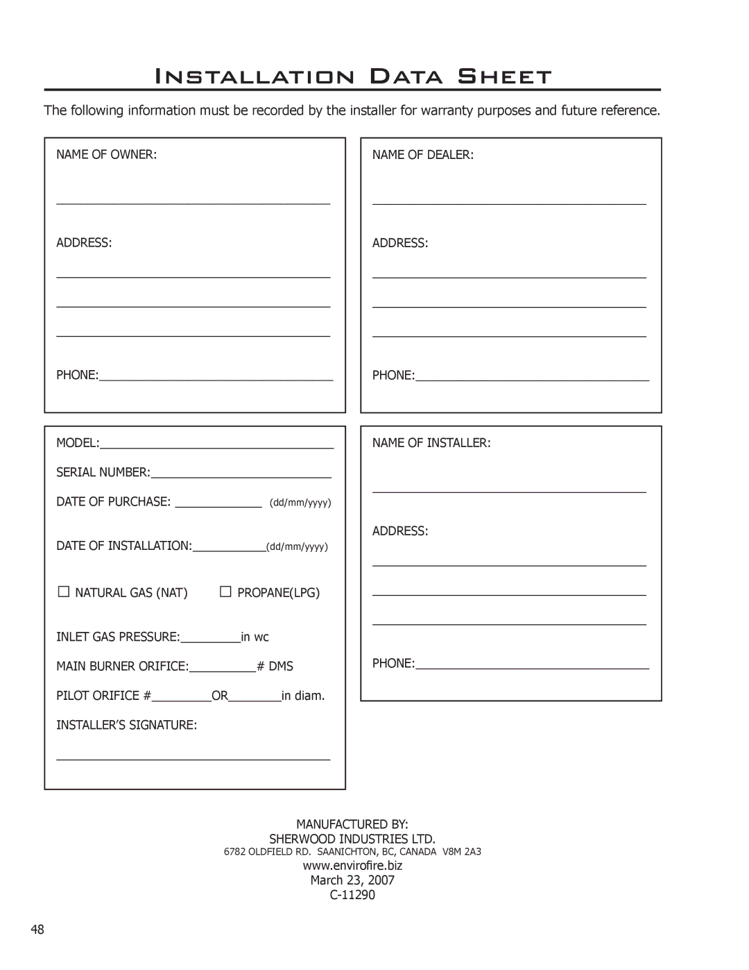 Enviro 50-1033 owner manual Installation Data Sheet 