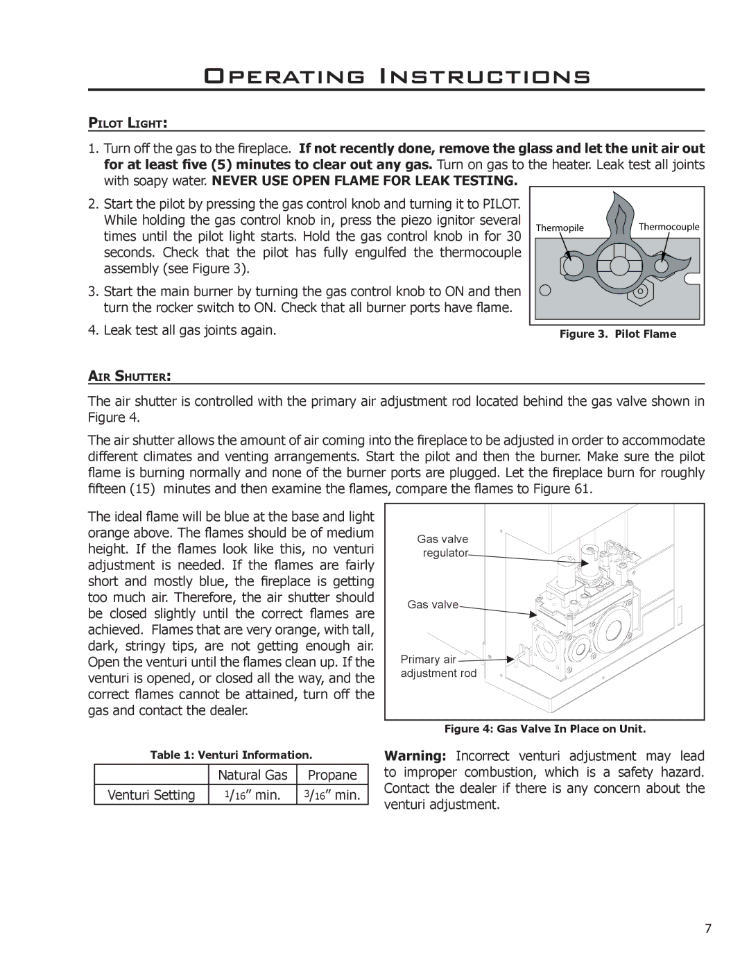 Enviro 50-1033 owner manual Natural Gas Propane Venturi Setting 