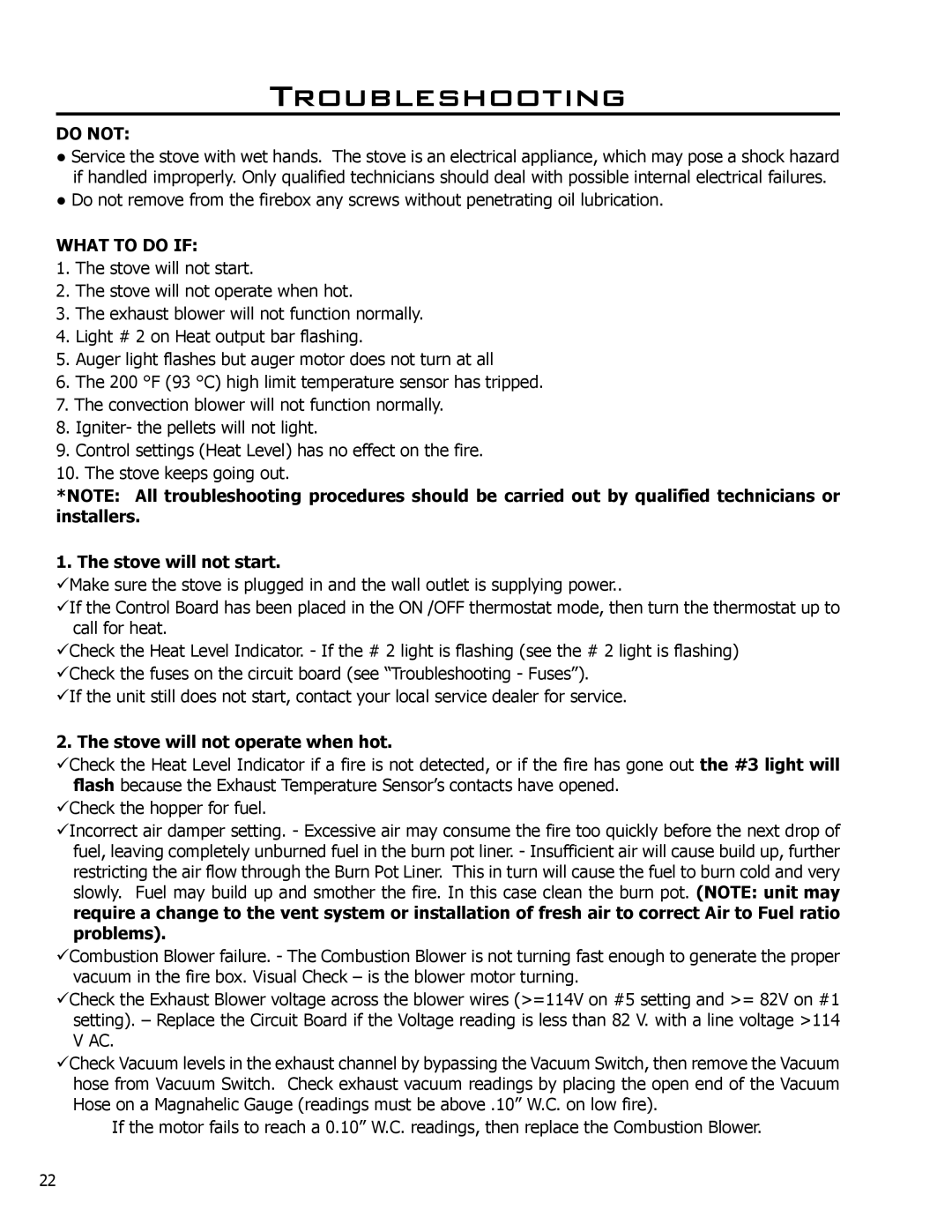 Enviro 50-1221 technical manual Troubleshooting, Stove will not start, Stove will not operate when hot 