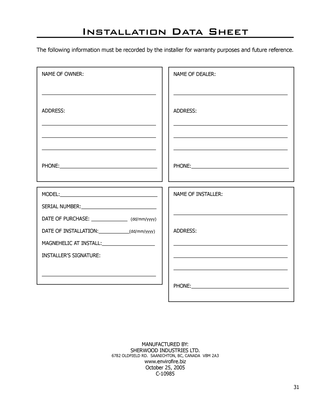 Enviro 50-1221 technical manual Installation Data Sheet, Name of Owner Address 