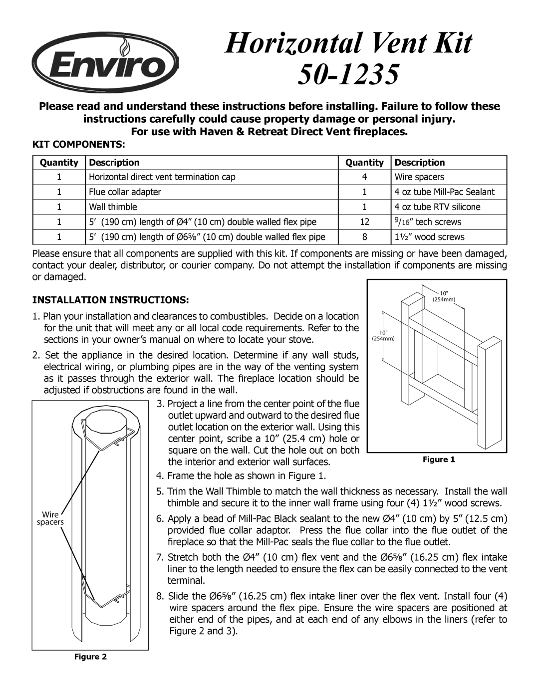 Enviro installation instructions Horizontal Vent Kit 50-1235, KIT Components, Quantity Description 