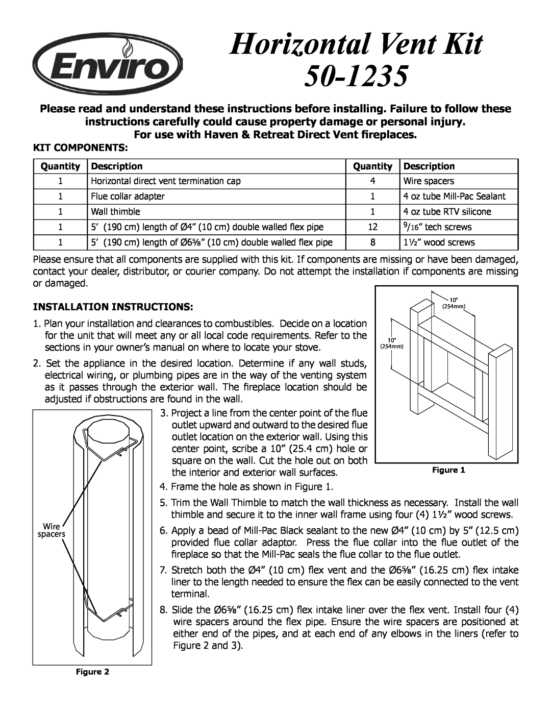 Enviro 50-1235 installation instructions Horizontal Vent Kit, Kit Components 
