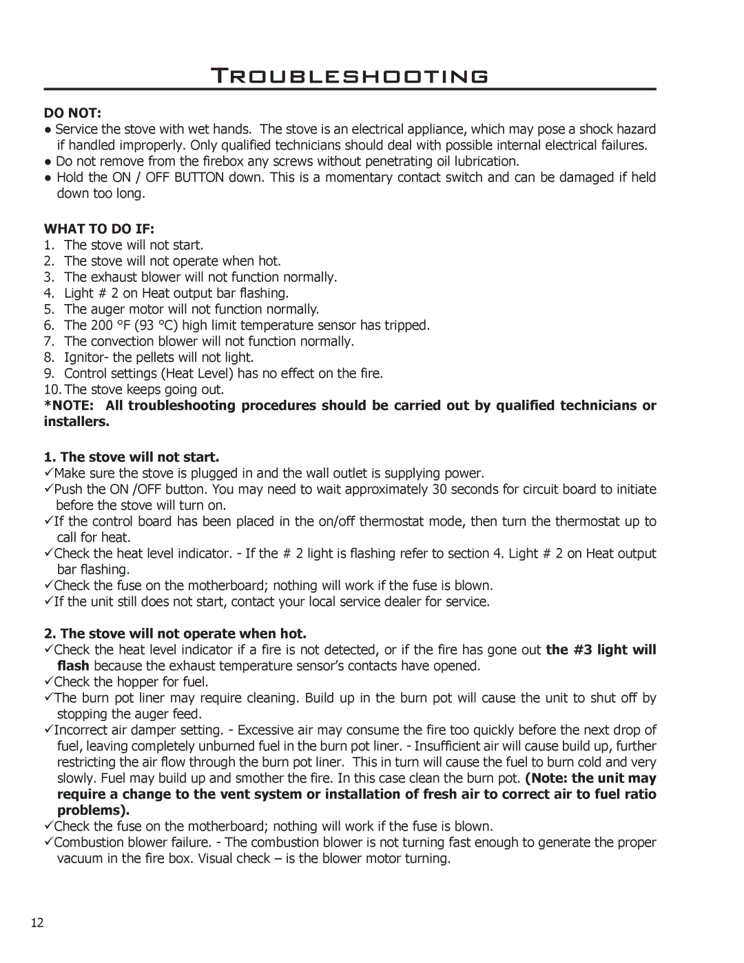 Enviro 50-1386 technical manual Troubleshooting, Stove will not start, Stove will not operate when hot 