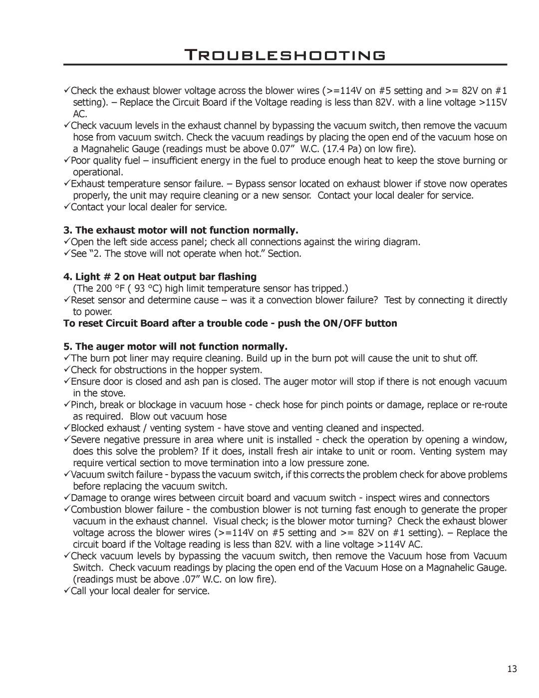 Enviro 50-1386 technical manual Exhaust motor will not function normally, Light # 2 on Heat output bar flashing 