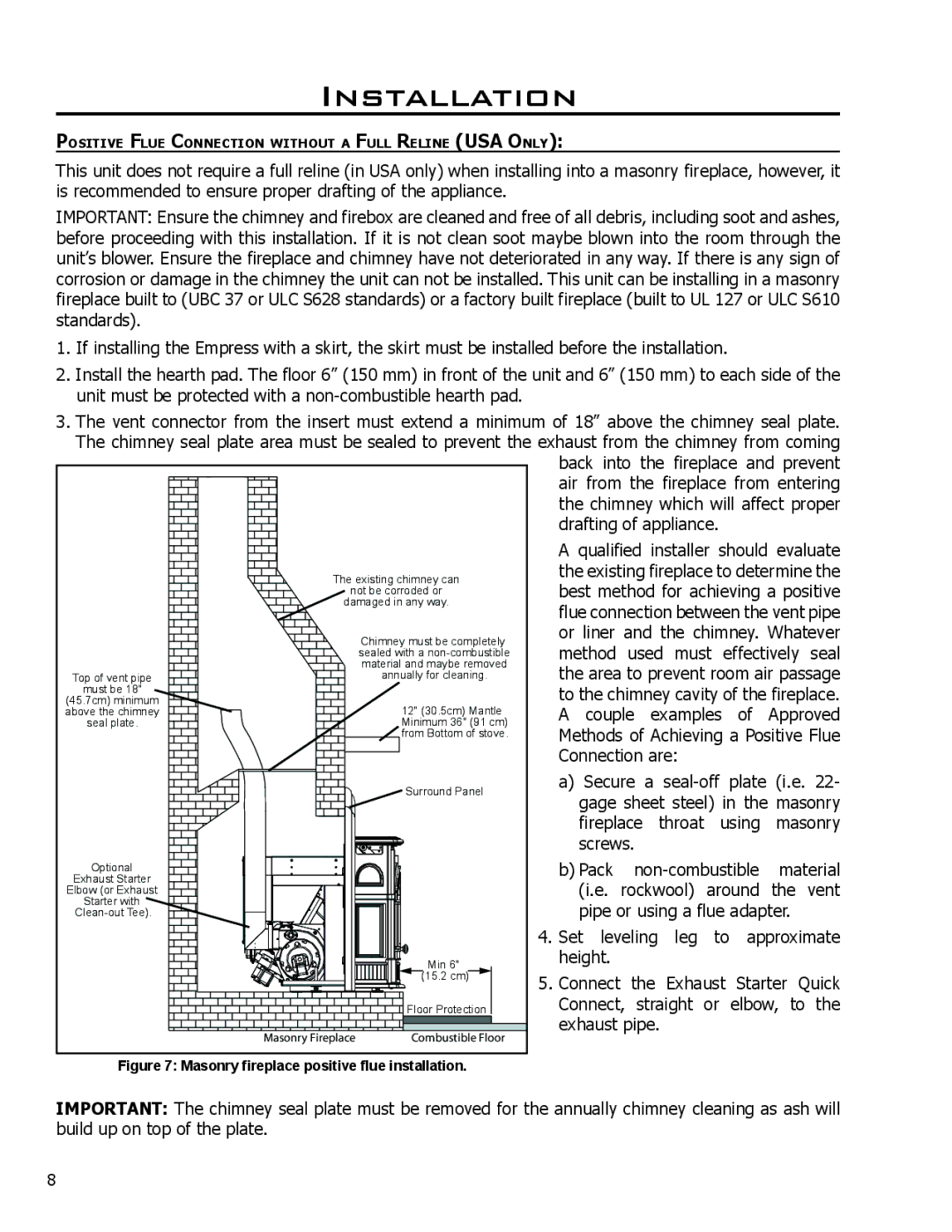 Enviro 50-1386 technical manual Masonry fireplace positive flue installation 