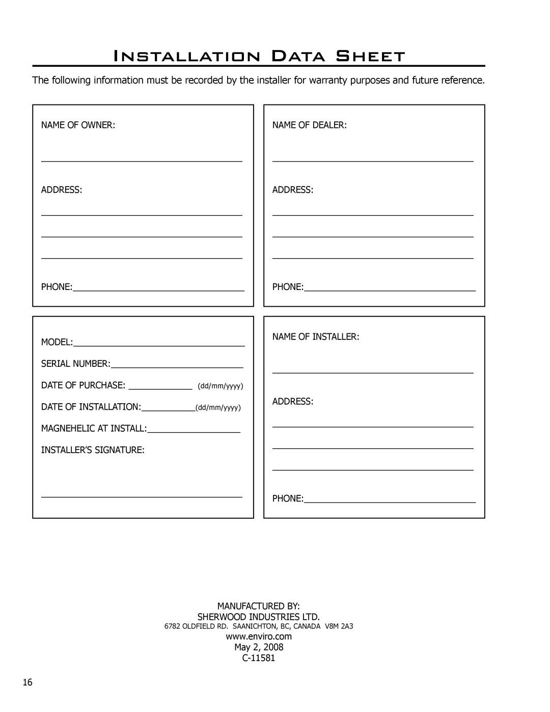 Enviro 50-1531 owner manual Installation Data Sheet, Name of Owner Address 