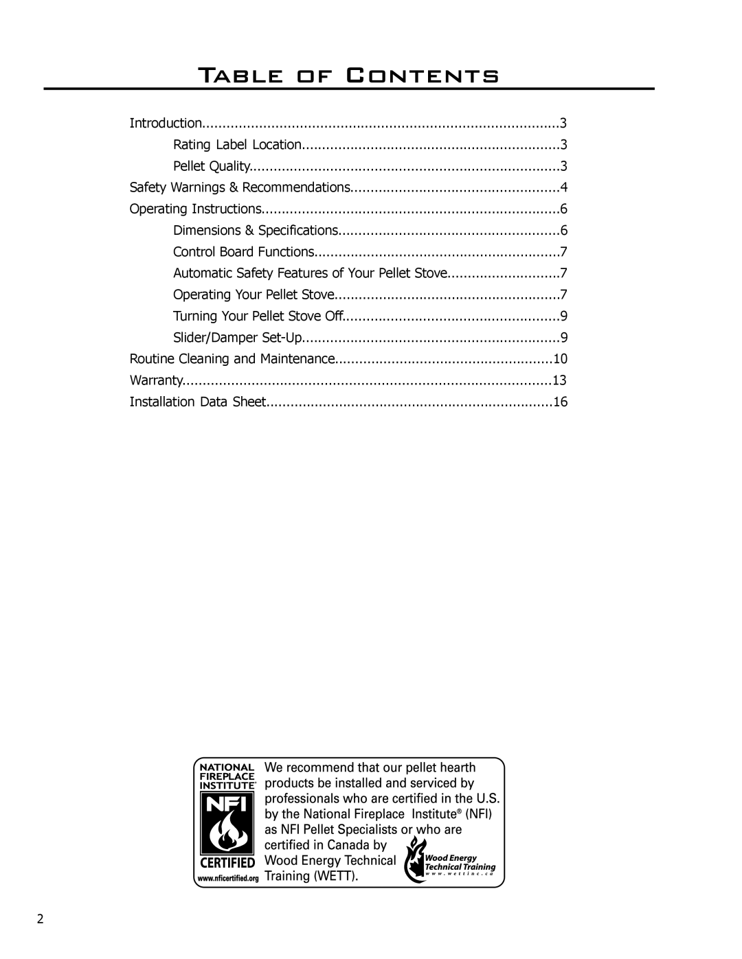 Enviro 50-1531 owner manual Table of Contents 