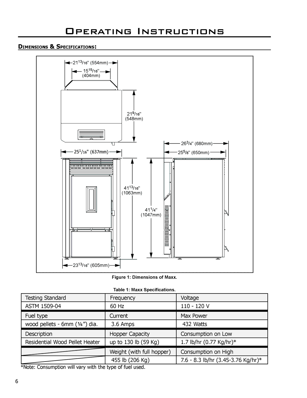 Enviro 50-1531 owner manual Operating Instructions, Dimensions of Maxx Maxx Specifications 