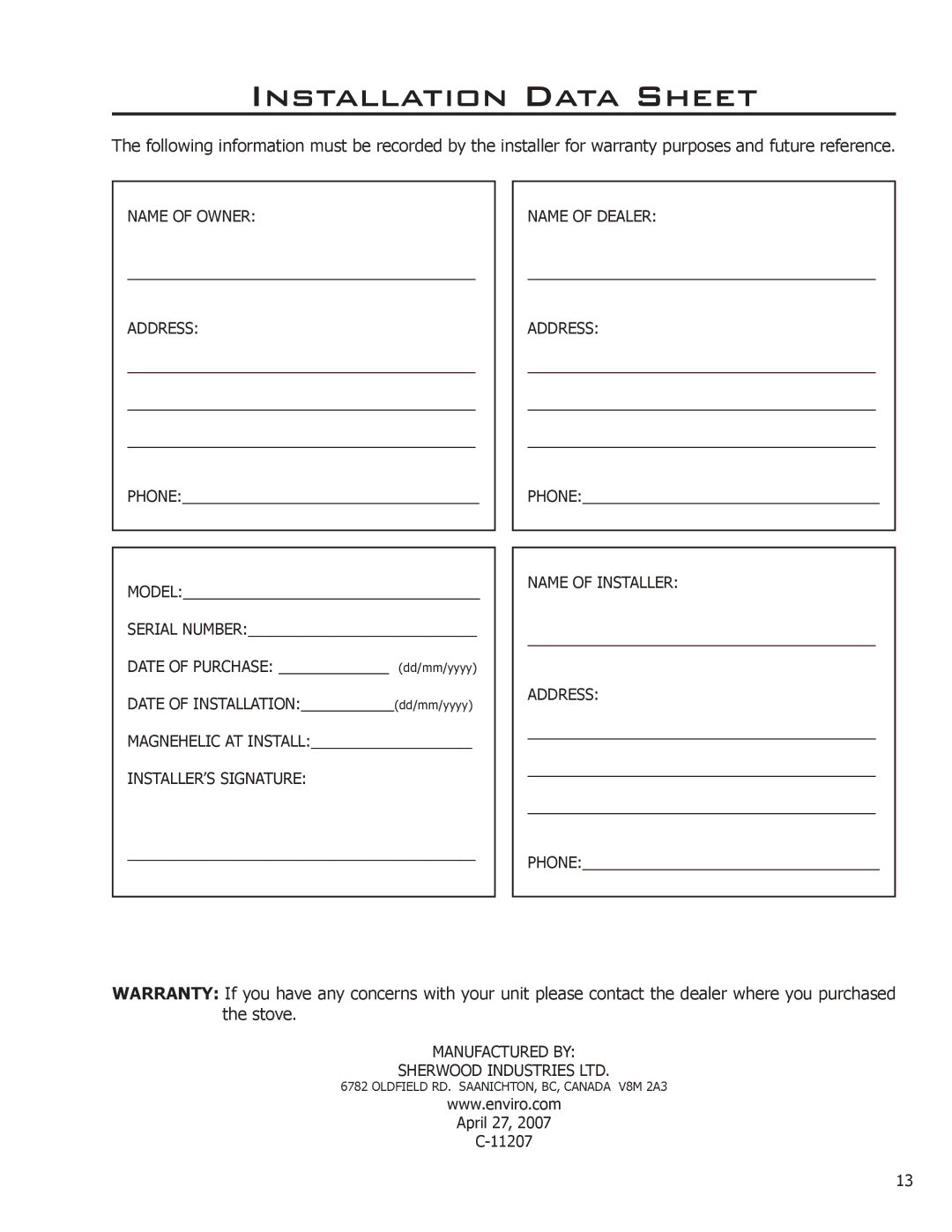 Enviro 50-1573 owner manual Installation Data Sheet, Name of Owner Address 