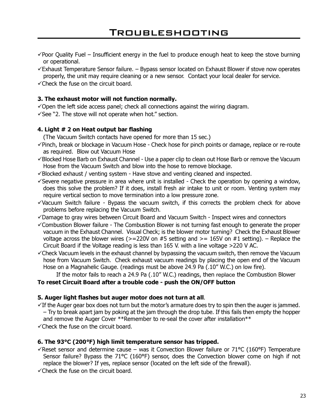 Enviro 50-1574 technical manual Exhaust motor will not function normally, Light # 2 on Heat output bar flashing 