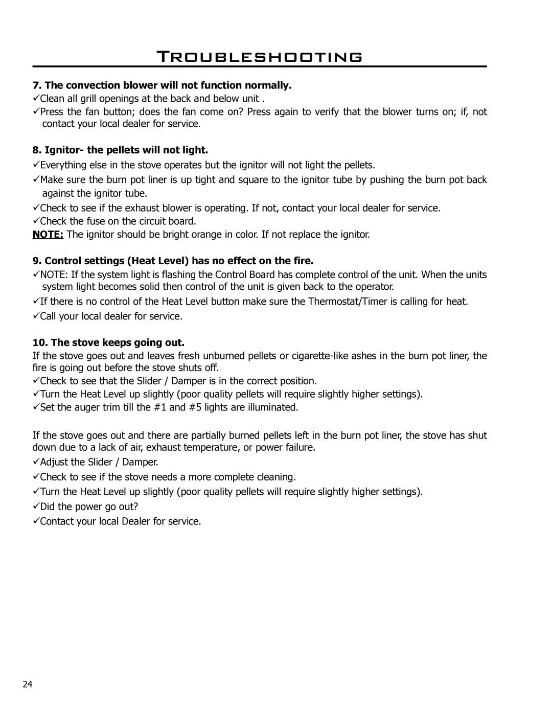 Enviro 50-1574 Convection blower will not function normally, Ignitor- the pellets will not light, Stove keeps going out 