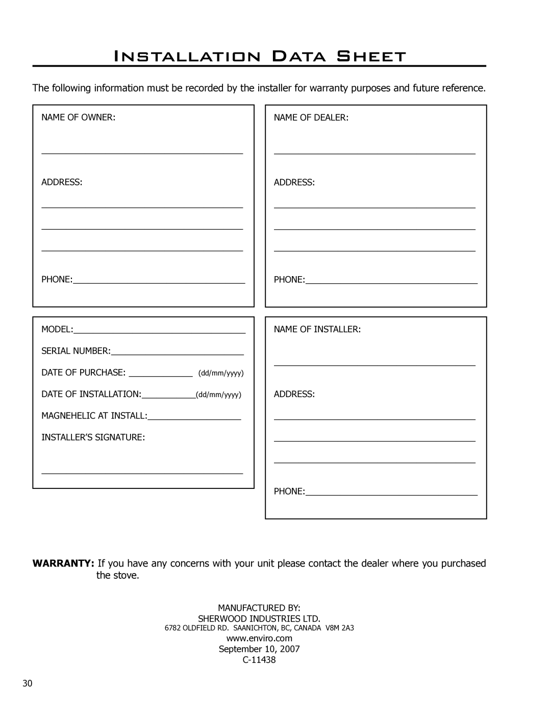 Enviro 50-1574 technical manual Installation Data Sheet, Name of Owner Address 