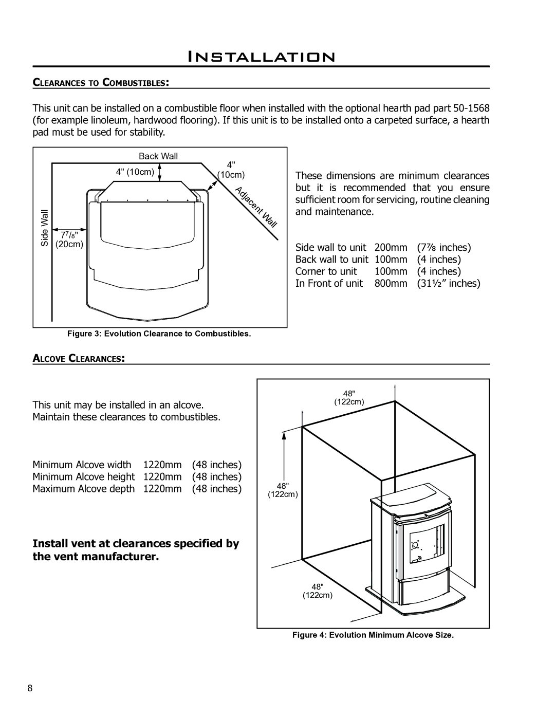 Enviro 50-1574 technical manual Minimum Alcove height 1220mm 