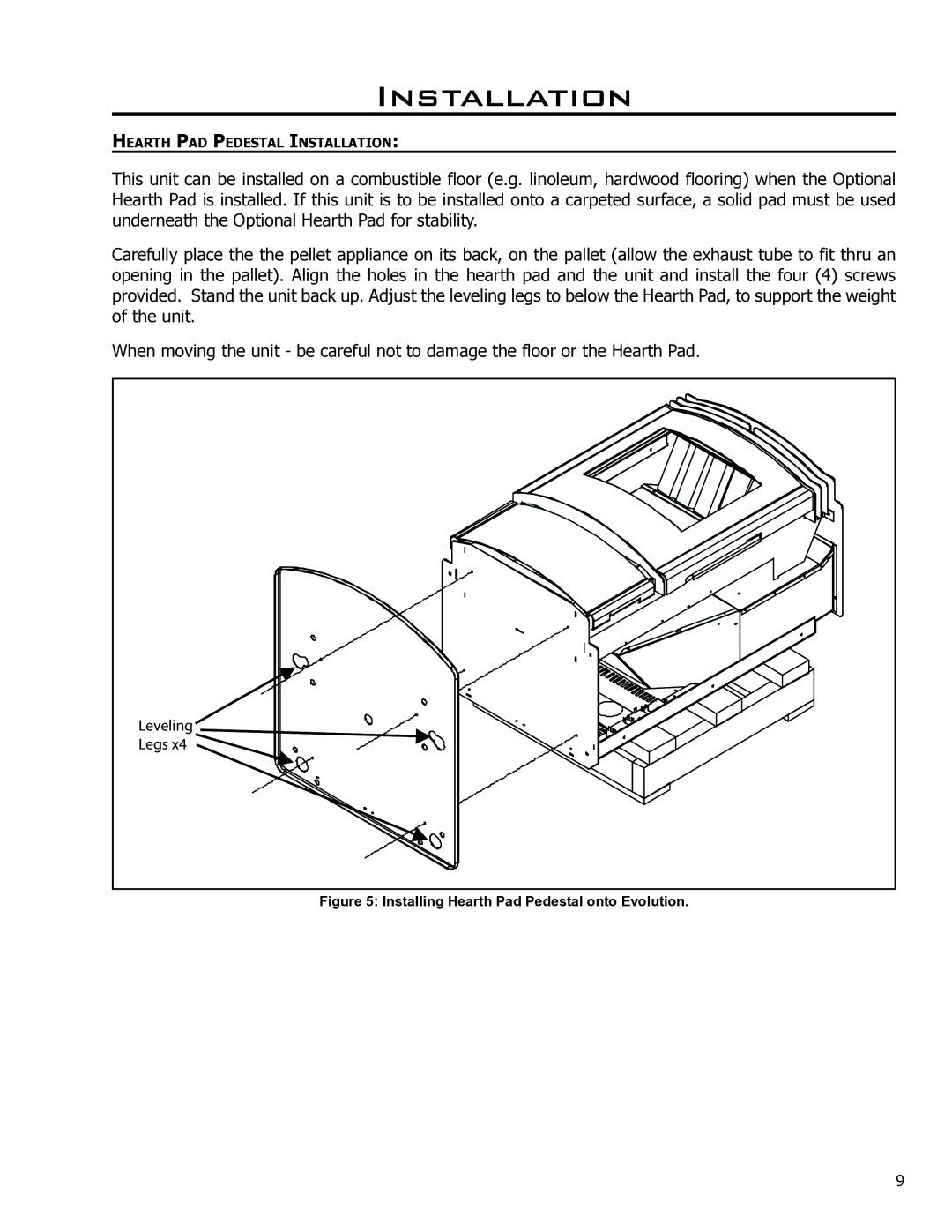 Enviro 50-1574 technical manual Installing Hearth Pad Pedestal onto Evolution 