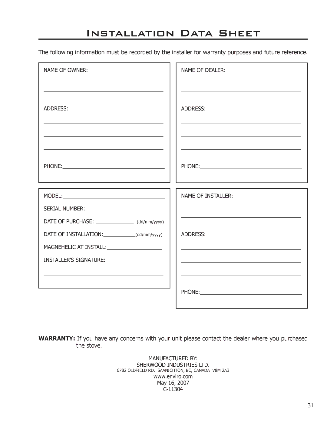 Enviro 50-1578 technical manual Installation Data Sheet, Name of Owner Address 