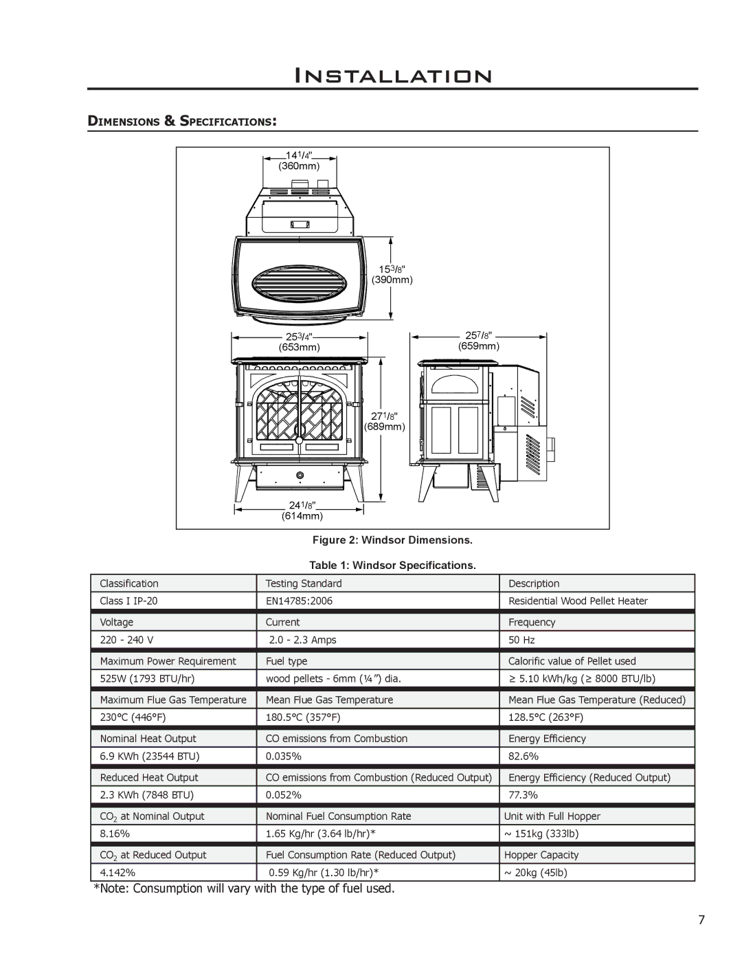 Enviro 50-1578 technical manual Windsor Dimensions Windsor Specifications 