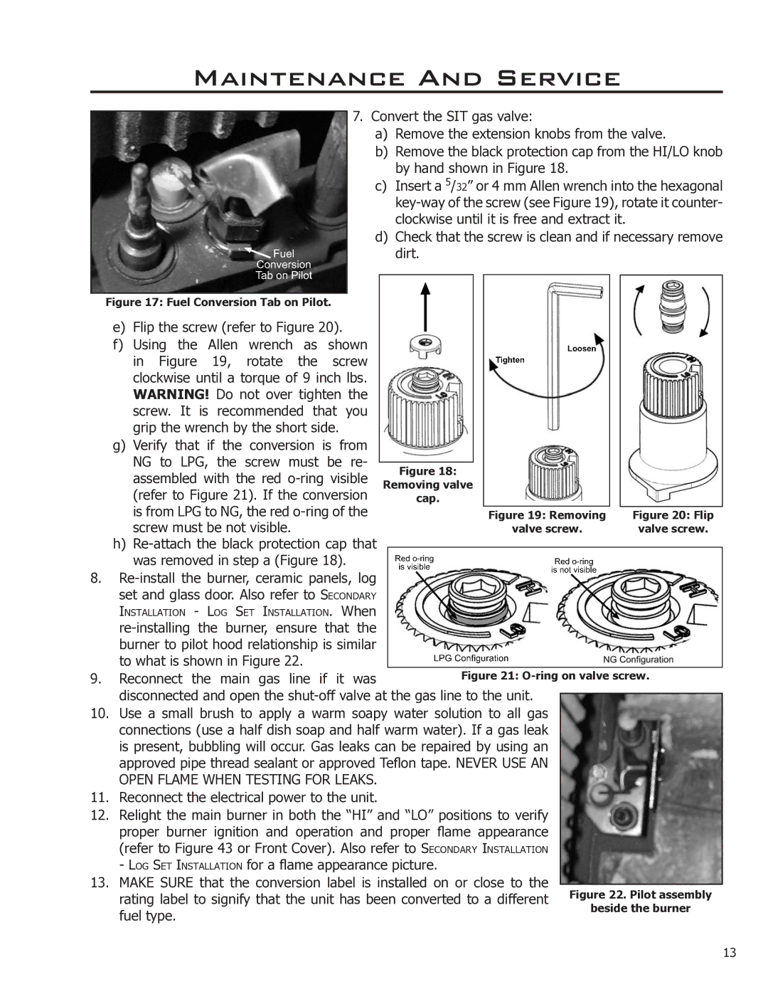 Enviro 50-1628 owner manual Open Flame When Testing for Leaks 