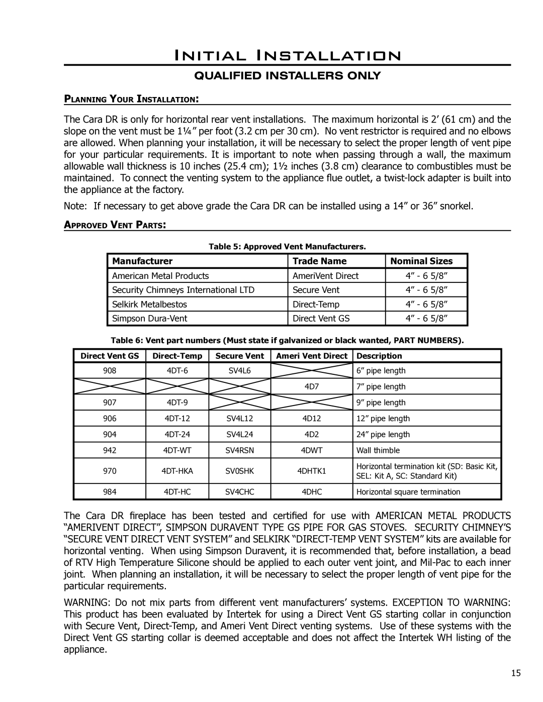 Enviro 50-1628 owner manual Manufacturer Trade Name Nominal Sizes 