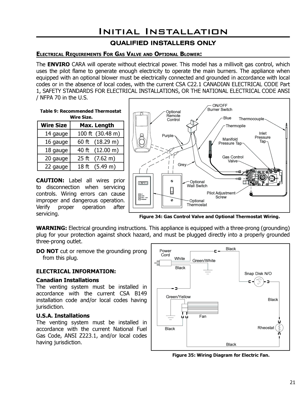 Enviro 50-1628 owner manual Wire Size Max. Length, Canadian Installations, A. Installations 