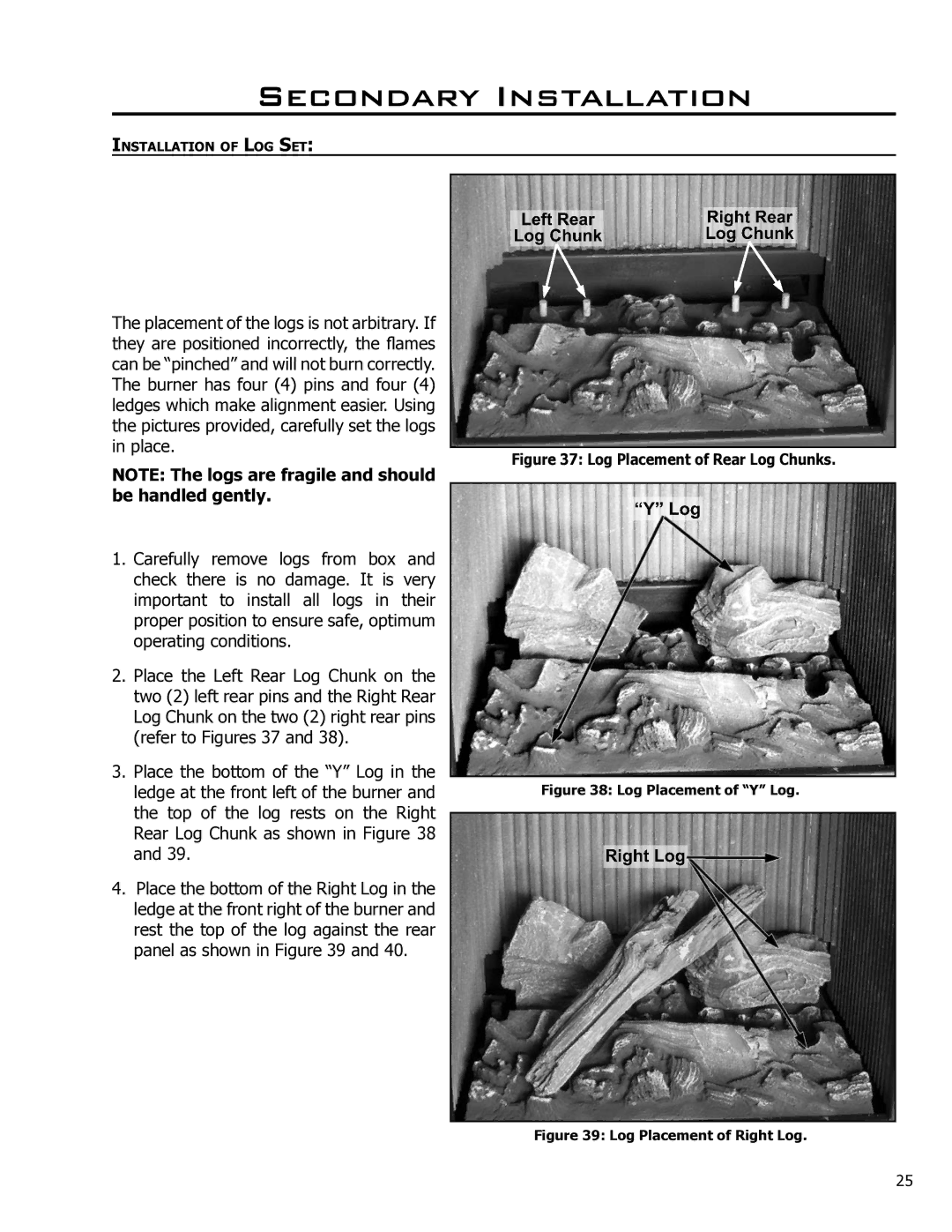 Enviro 50-1628 owner manual Secondary Installation, Log Placement of Rear Log Chunks 