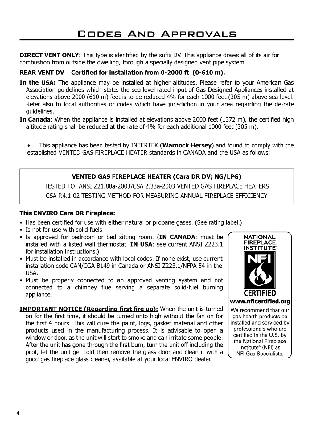 Enviro 50-1628 Codes And Approvals, Vented GAS Fireplace Heater Cara DR DV NG/LPG, This Enviro Cara DR Fireplace 