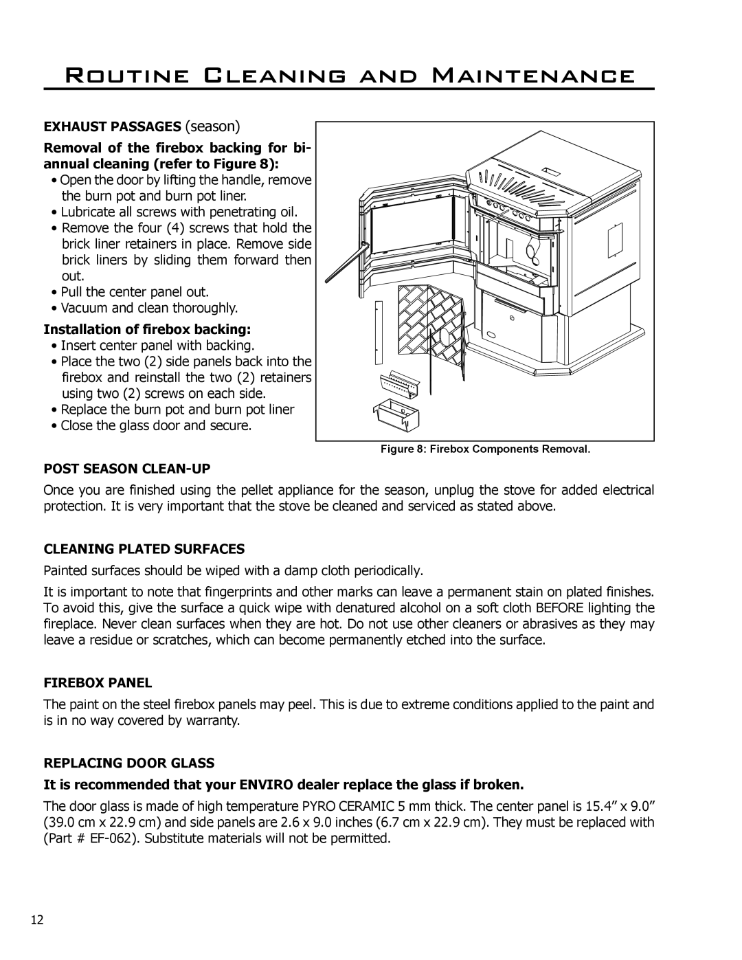 Enviro 50-830 owner manual Installation of firebox backing, Post Season CLEAN-UP, Cleaning Plated Surfaces, Firebox Panel 