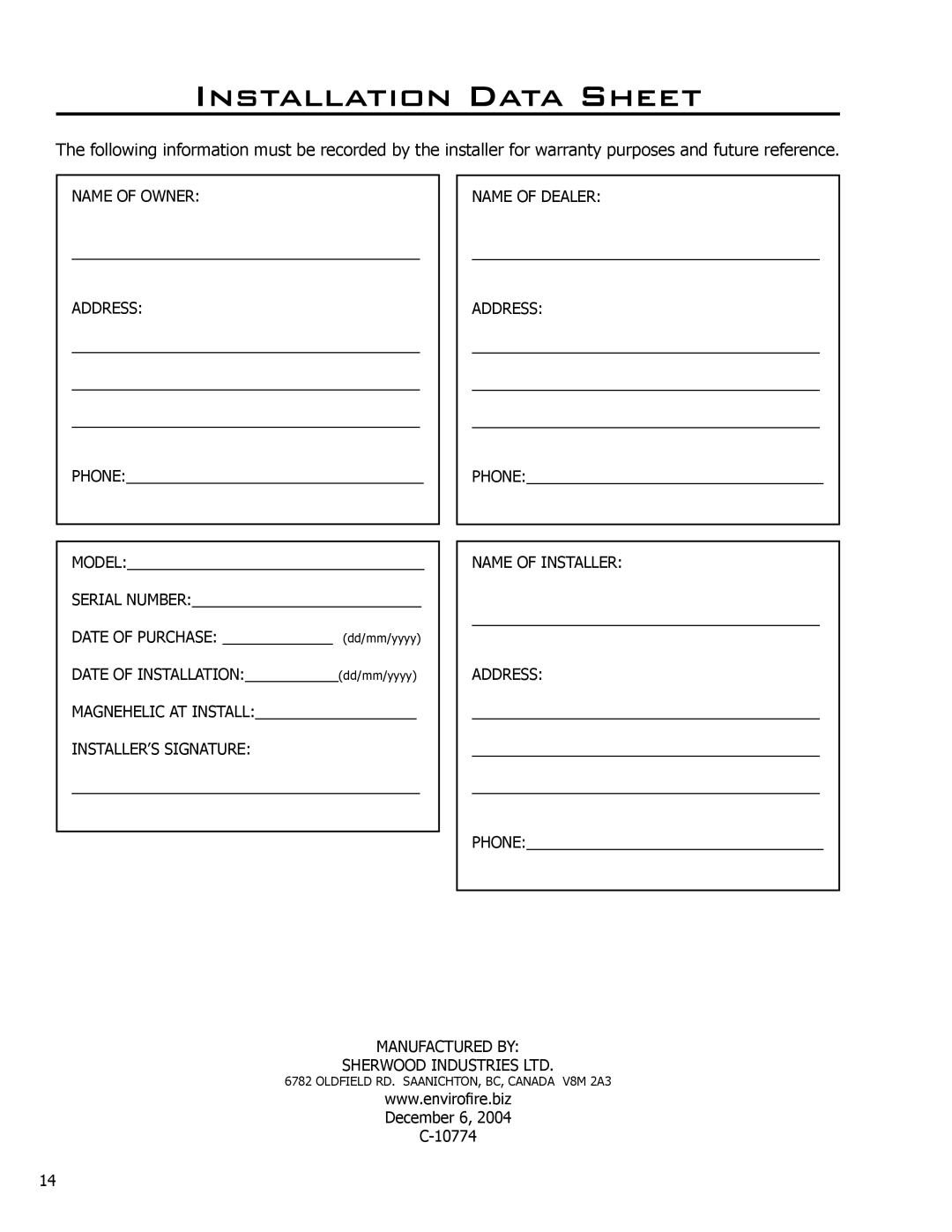 Enviro 50-830 owner manual Installation Data Sheet, Name of Owner Address 