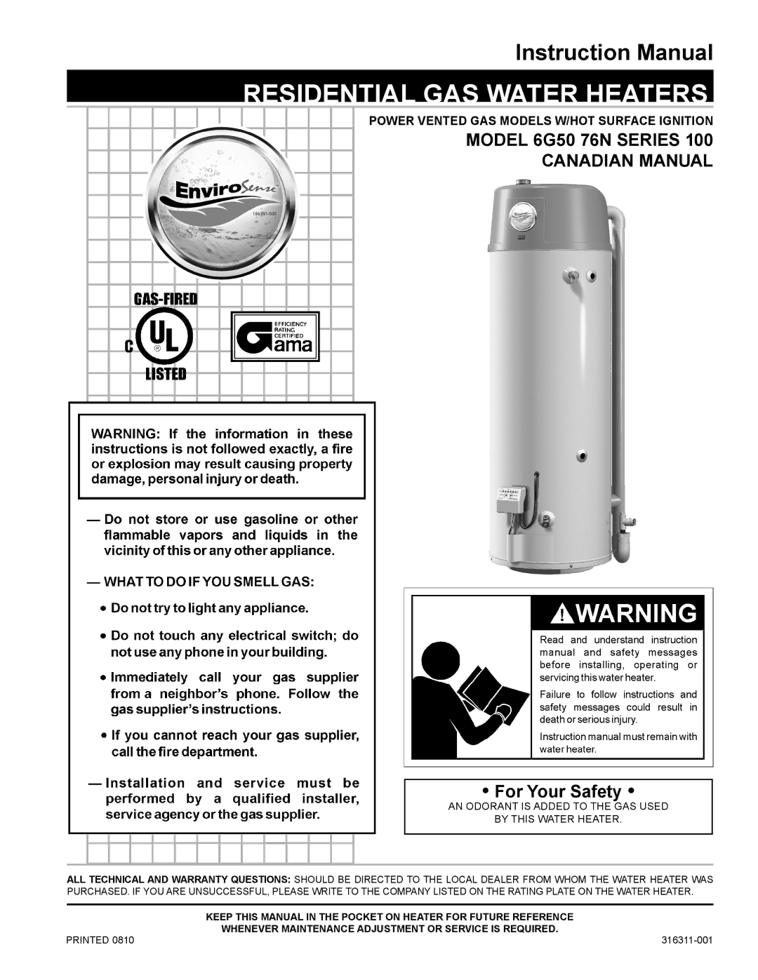 Enviro 6G50 76N instruction manual Power Vented GAS Models W/HOT Surface Ignition 