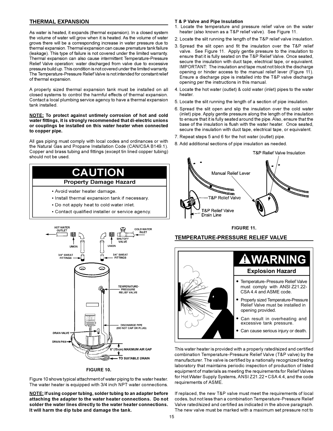 Enviro 6G50 76N instruction manual Thermal Expansion, Temperature-Pressure Relief Valve, Valve and Pipe Insulation 