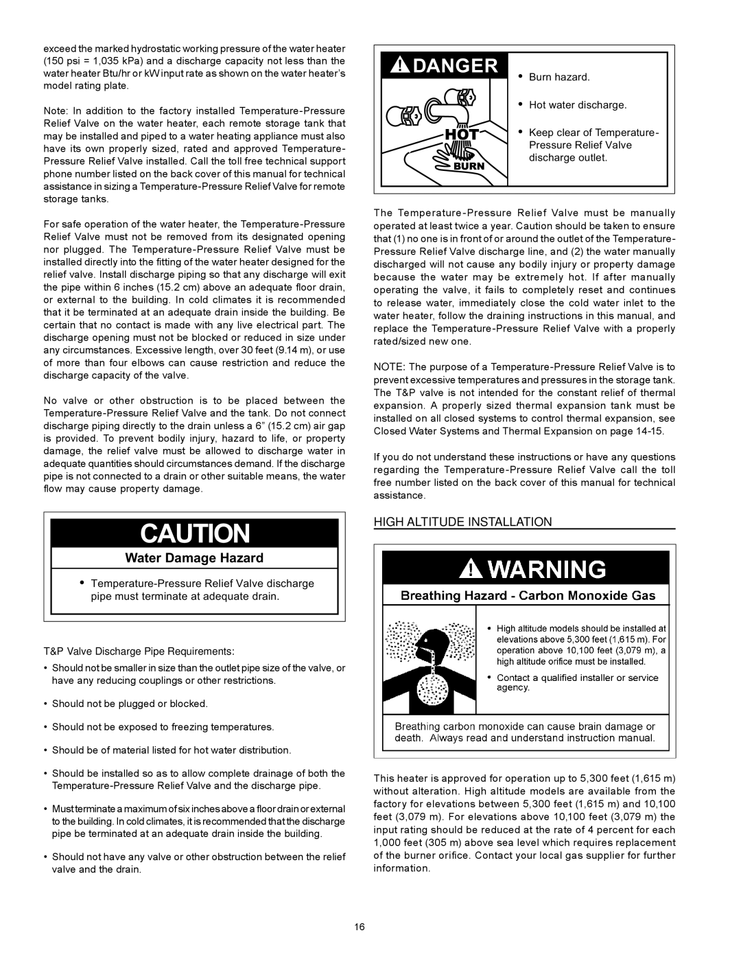 Enviro 6G50 76N instruction manual High Altitude Installation, Valve Discharge Pipe Requirements 